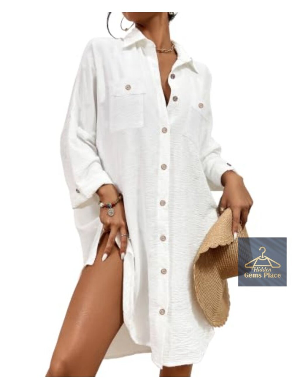 Bsubseach Modern Button Down Shirt Cover Up Blouse 3/4 Sleeve Beach Tops